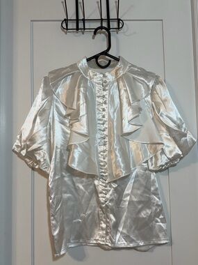 Satin Ruffle Button-Front Blouse in Ivory